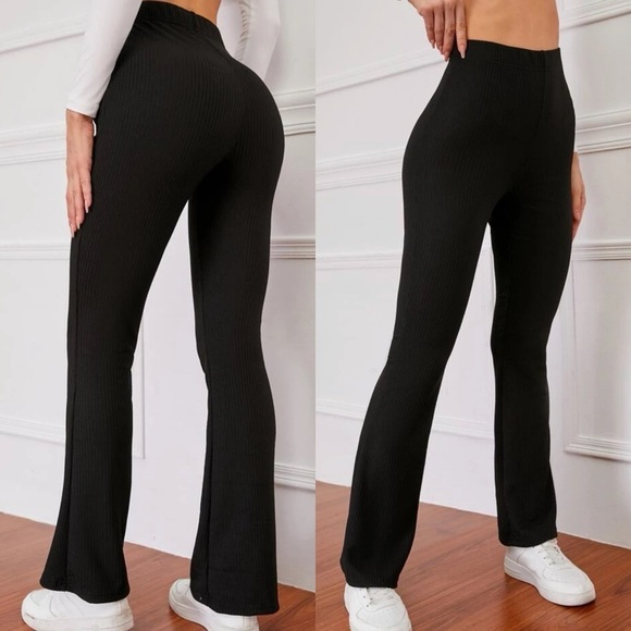 Pants - Boho ribbed knit high waisted flared pants minimalist black